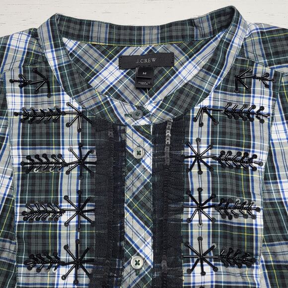 J. Crew Embellished Sequin Button Up Tartan Plaid Top Forest Green Cotton Medium - Picture 4 of 11